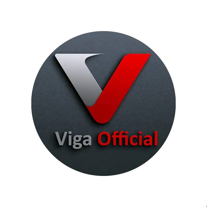 Viga Official logo with a large metallic and red letter V on a dark circle background.