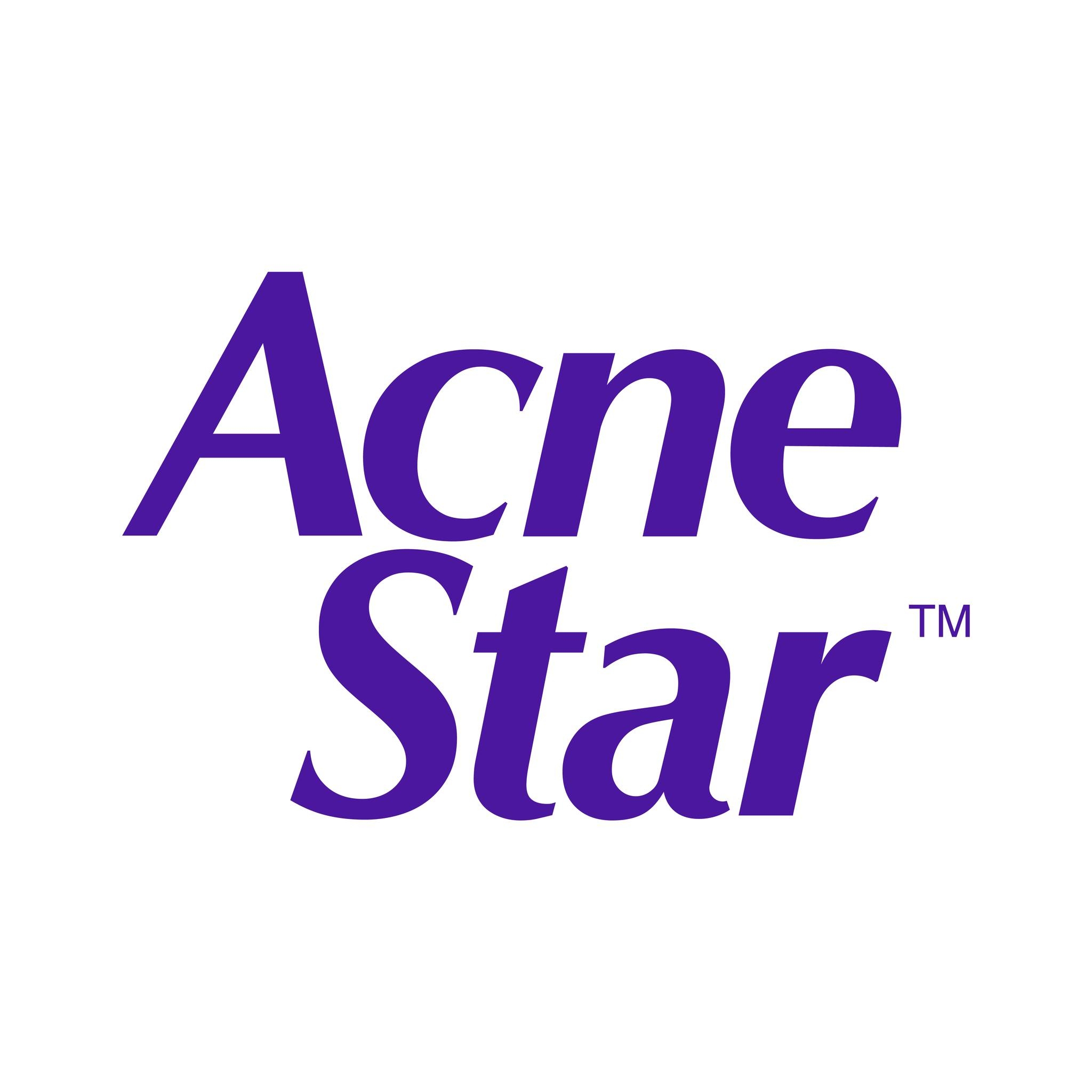 AcneStar logo in purple text on a white background.