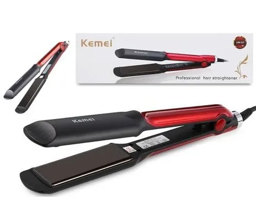 Black and red hair straightener with its packaging box in the background.