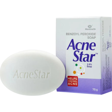 AcneStar soap bar beside its white and purple packaging box.