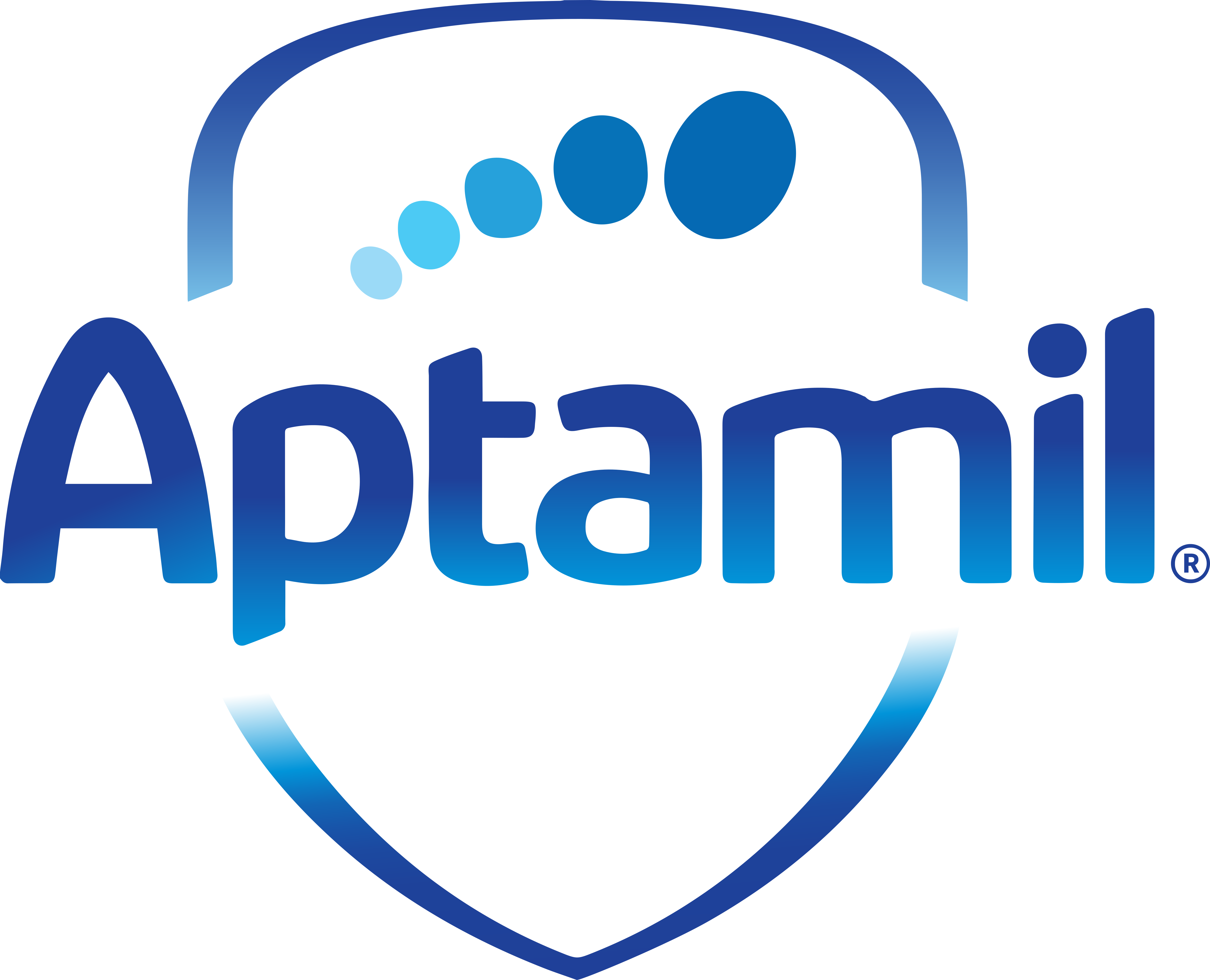 Aptamil logo with blue shield and circular dots above the text.