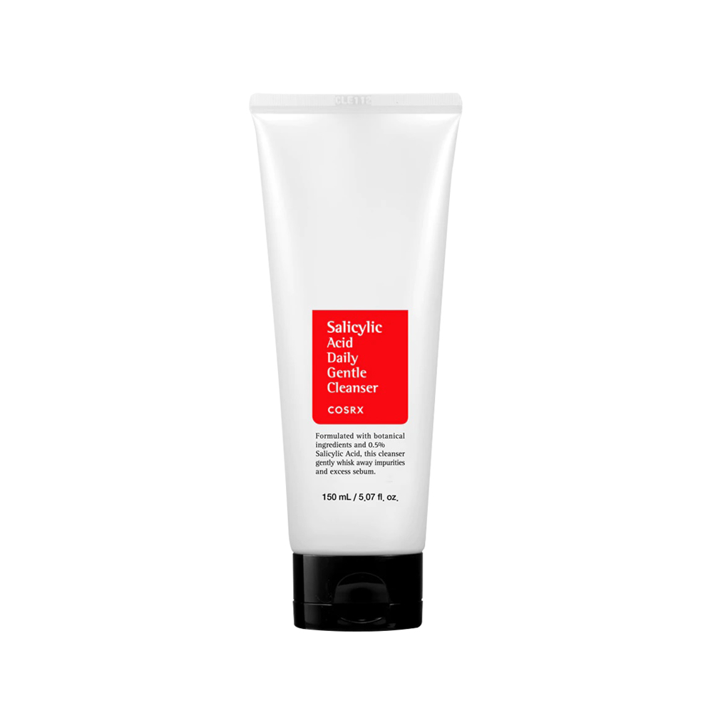 White skincare cleanser tube with a black cap and red label.