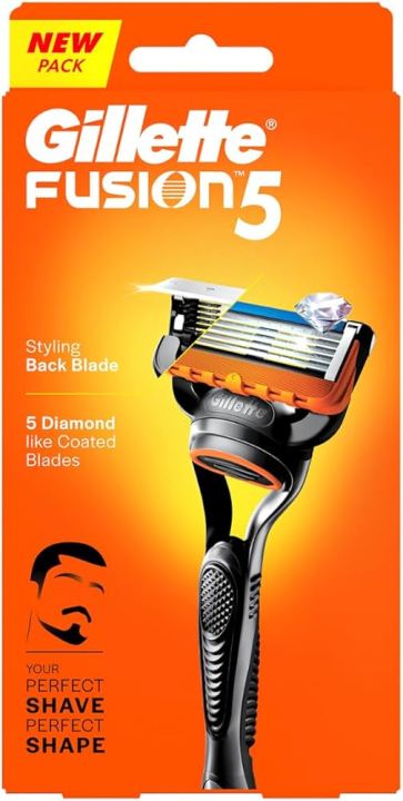 Gillette Fusion5 razor in orange packaging with black razor handle on display.