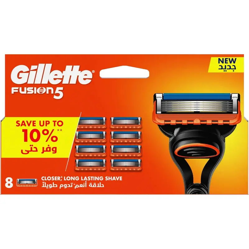 Gillette Fusion5 razor blade refill pack with eight cartridges on an orange background.