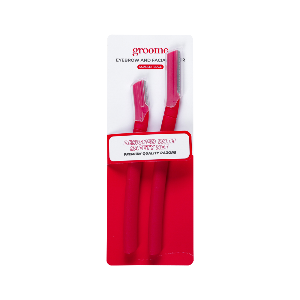 Three red eyebrow razors in plastic packaging.