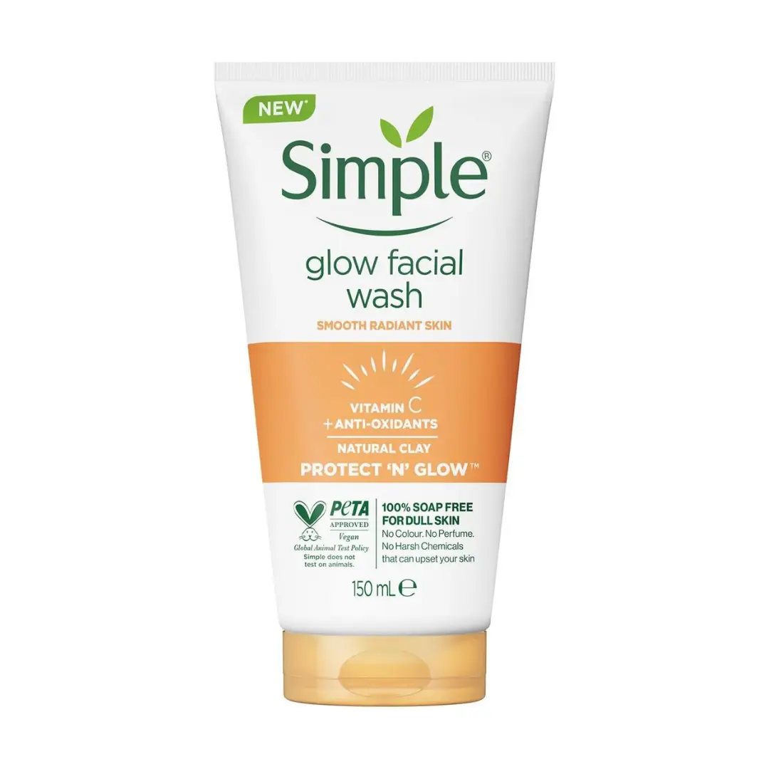 Simple Glow Facial Wash tube with orange and white packaging.