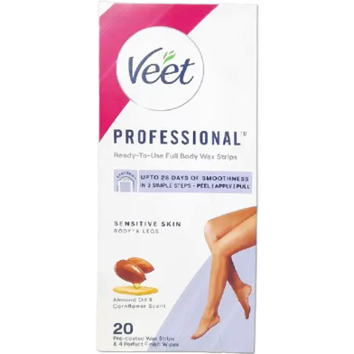 Veet Professional wax strips box with legs illustration and shea butter image.