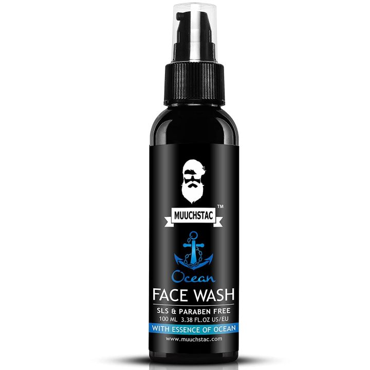 Black bottle of beard brand face wash with blue accents and a spray pump top.