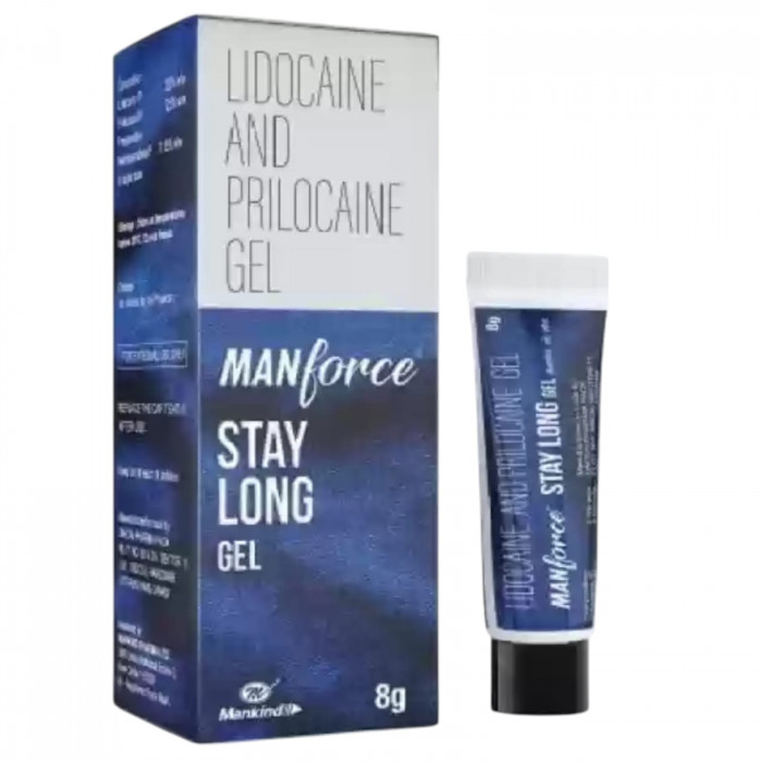 Manforce Stay Long Gel packaging with tube and blue box labeled lidocaine and prilocaine gel.