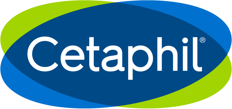 Cetaphil logo with white text on a blue oval and green curved shapes.