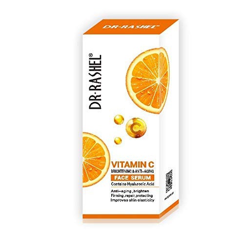 Dr Rashel Vitamin C face serum box with orange slices and serum droplets on white packaging.