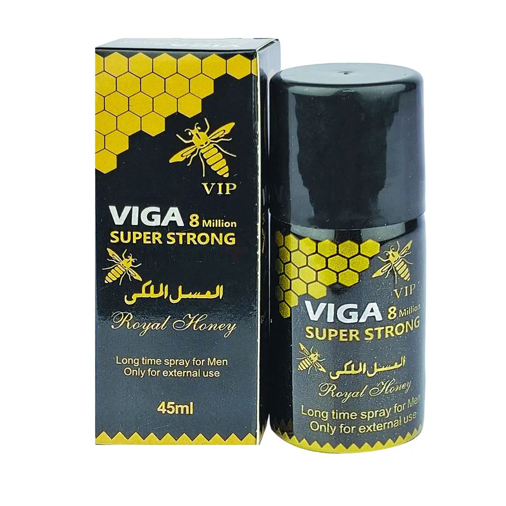 Black and gold Viga Royal Honey spray bottle with matching box, featuring a bee logo.