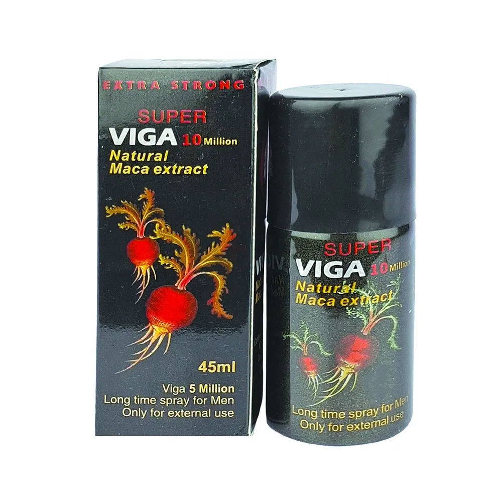 Black Viga spray bottle and box with red and gold maca root illustrations.