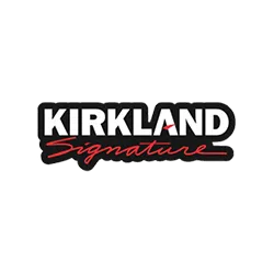 Kirkland Signature logo with bold white and red text on a black background