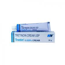 Tretinoin cream tube and box with blue and white packaging, 30g size.