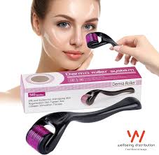 Woman using a purple and black derma roller on her face, product box in background.