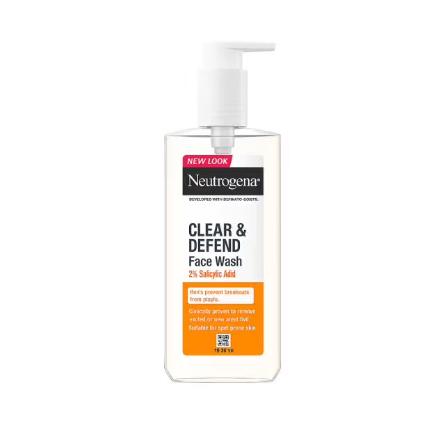 Neutrogena Clear & Defend Face Wash in a clear pump bottle with orange label.