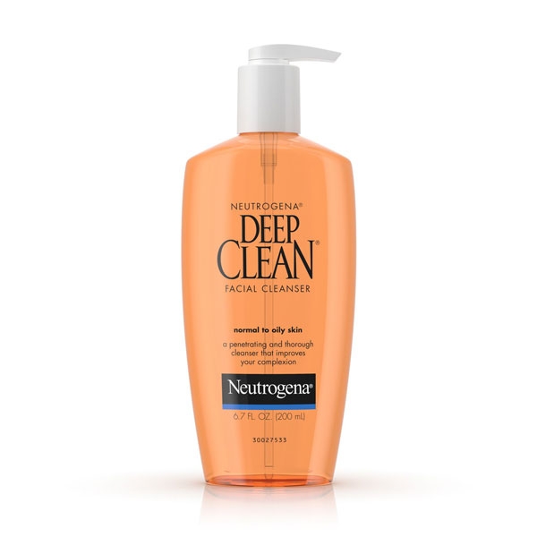 Neutrogena Deep Clean facial cleanser in an orange pump bottle.
