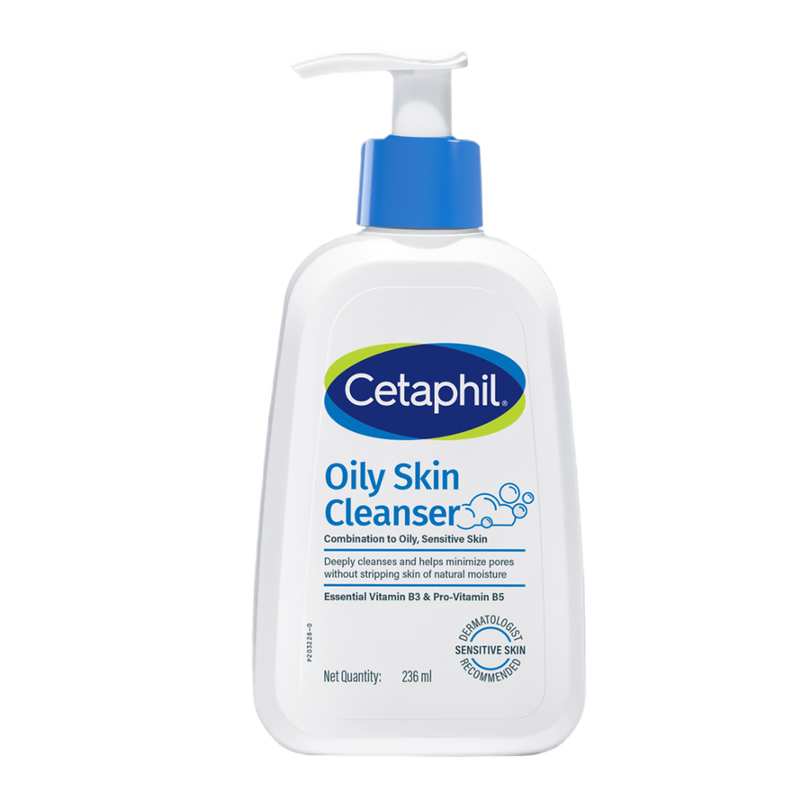 Cetaphil Oily Skin Cleanser bottle with a blue pump and white label.