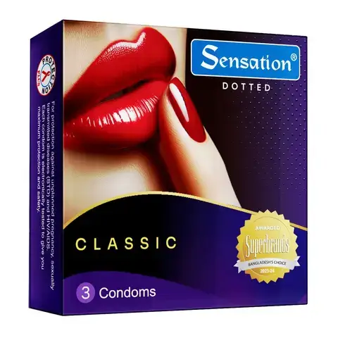 Sensation Classic condoms box with red lips and purple background.
