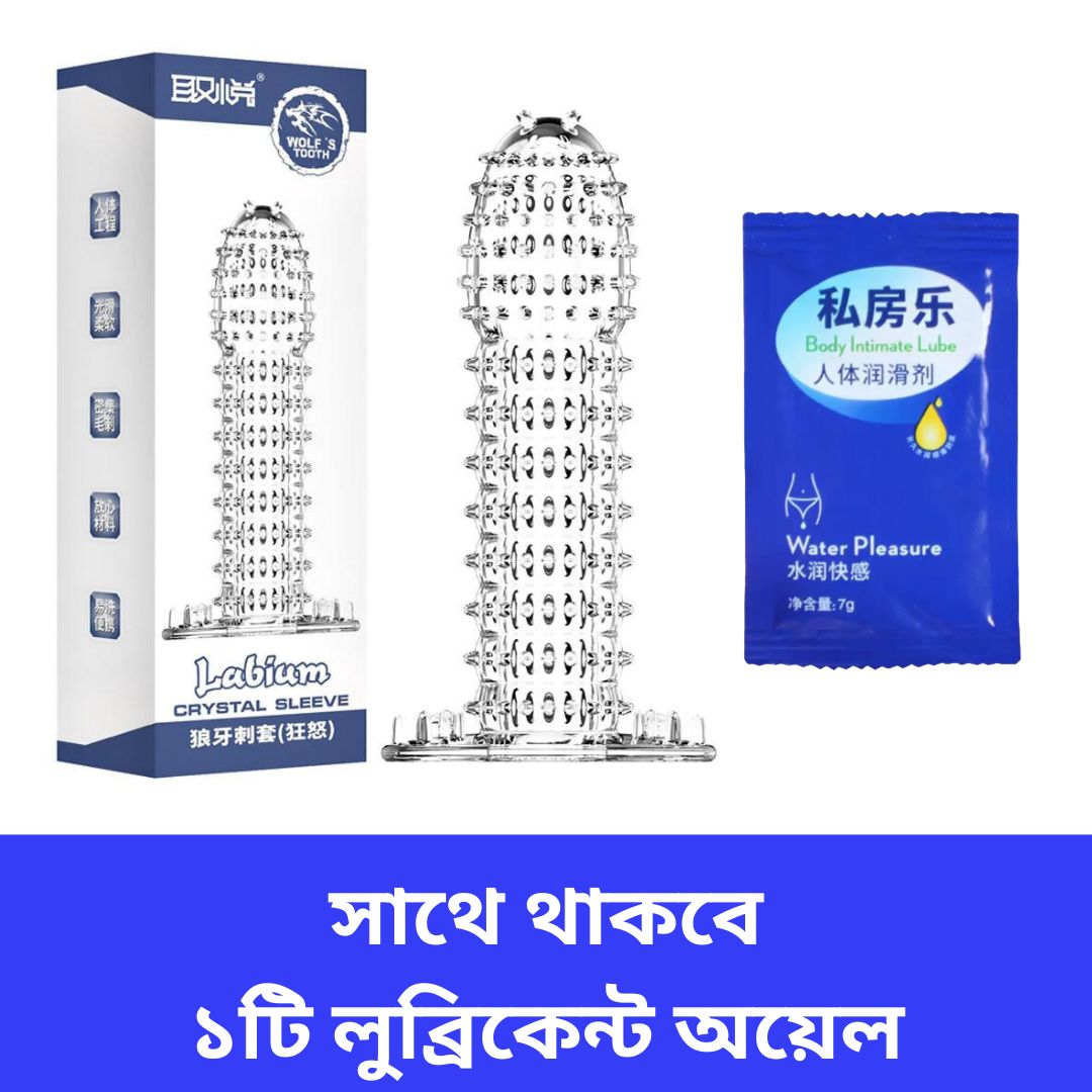 Clear textured condom with packaging box and a blue lubricant sachet.