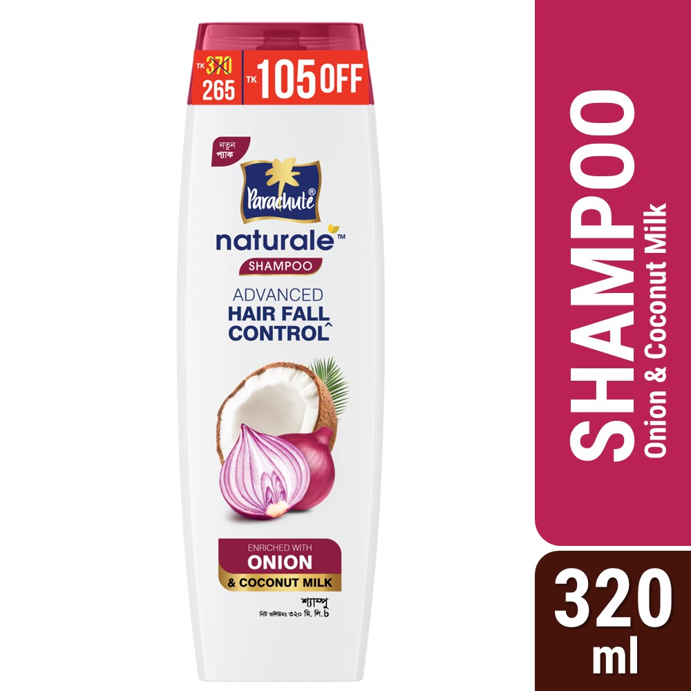 White shampoo bottle with onion and coconut images, labeled for hair fall control, 320 ml.