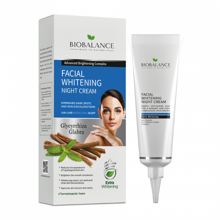 BioBalance Facial Whitening Night Cream tube and packaging with woman's face and cinnamon sticks.
