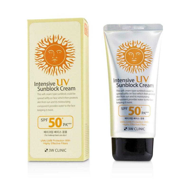 Tube and box of Intensive UV Sunblock Cream SPF 50+ with a sun design on both.