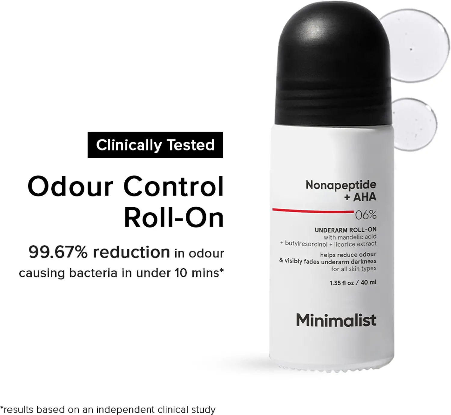 Minimalist Odour Control Roll-On with a black cap and white bottle.