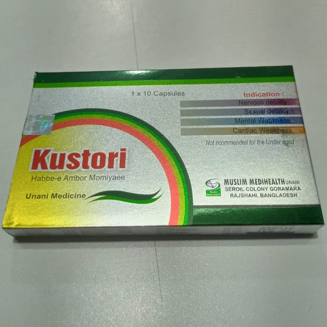 Kustori herbal medicine box with green, white, and yellow packaging on a light surface.