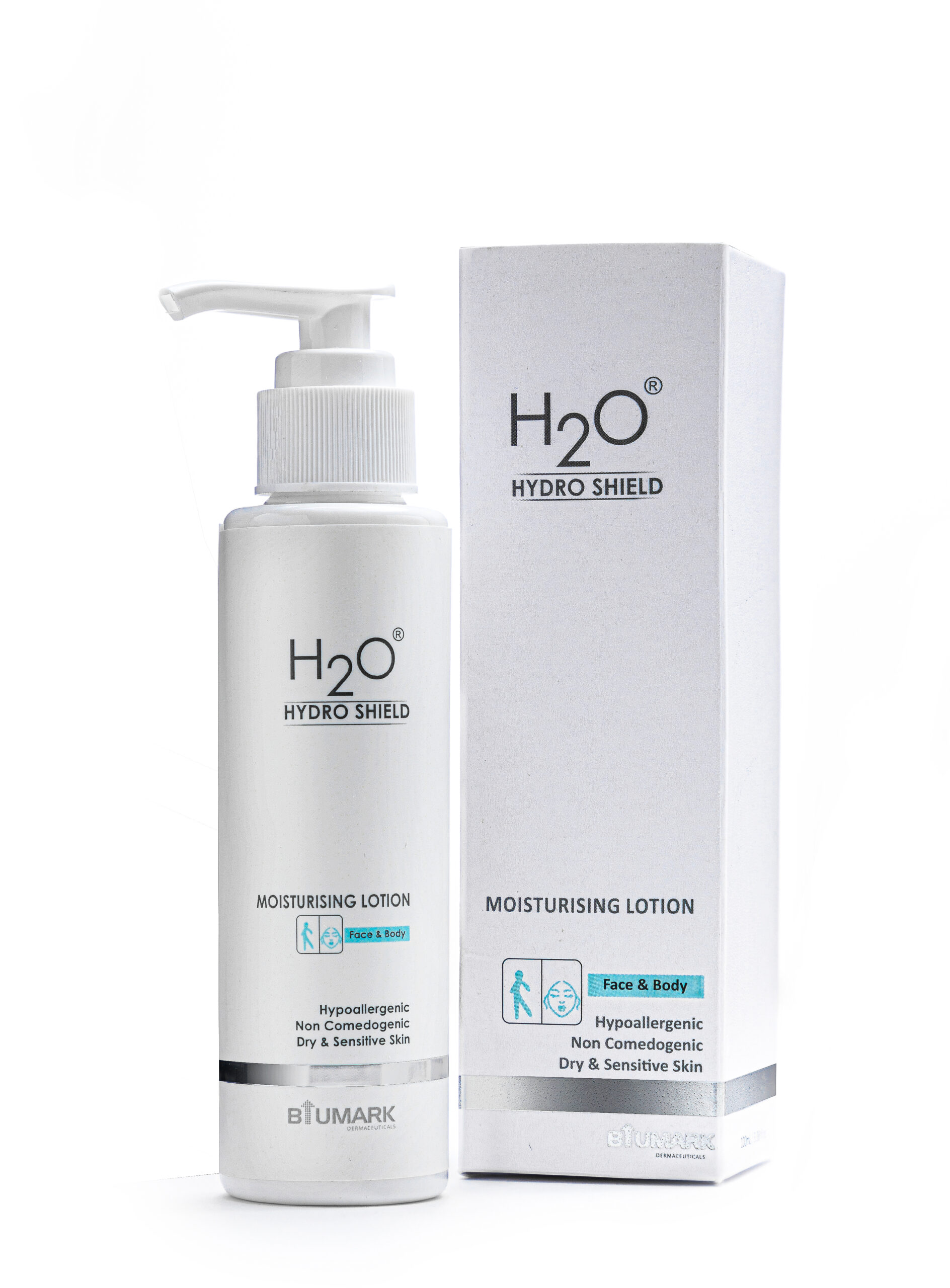 White H2O moisturizing lotion bottle with pump next to matching product box.