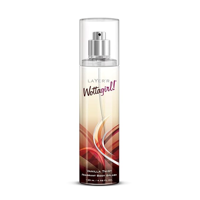 Clear perfume spray bottle with abstract red and beige design on the label.