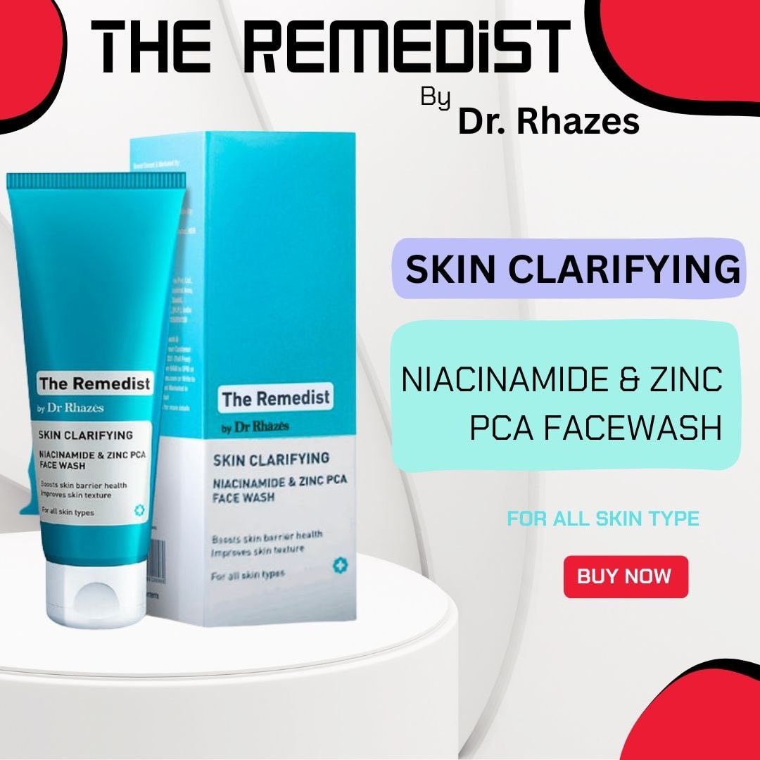 Blue tube and box of The Remedist skin clarifying facewash on a white circular display.