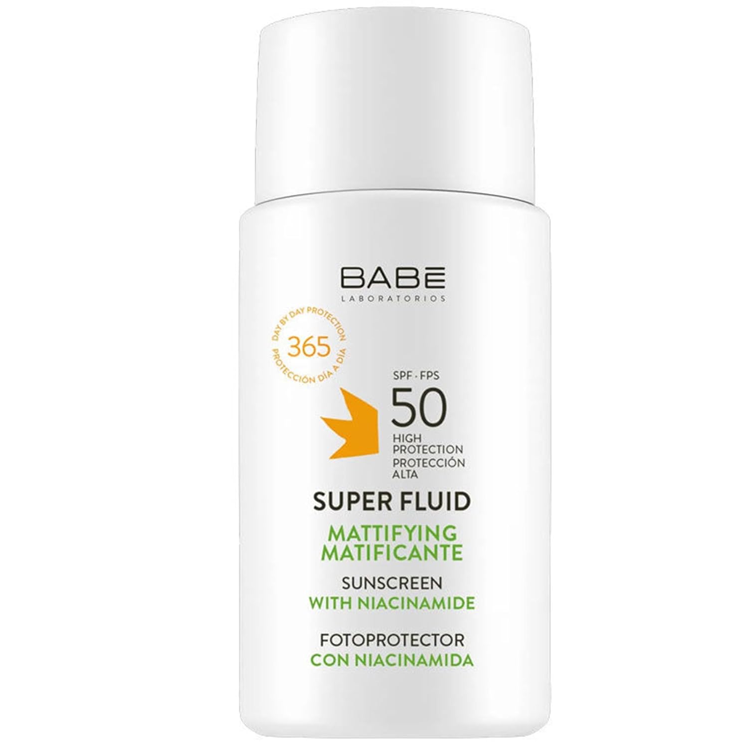 White bottle of Babe Super Fluid sunscreen SPF 50 with green and orange text accents.