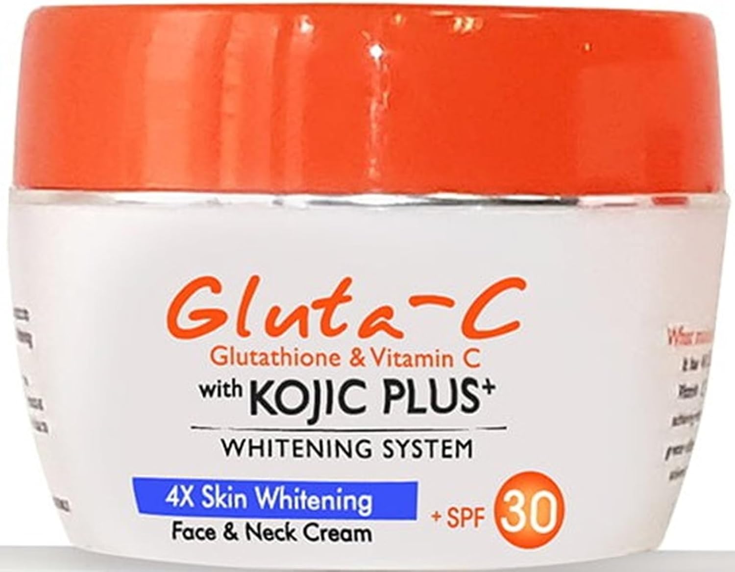 Jar of Gluta-C whitening cream with an orange lid and labeled SPF 30.