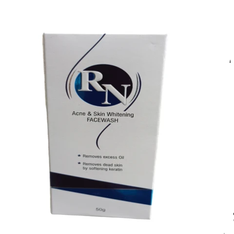 RN Acne & Skin Whitening Facewash product packaging, white box with blue and black accents.