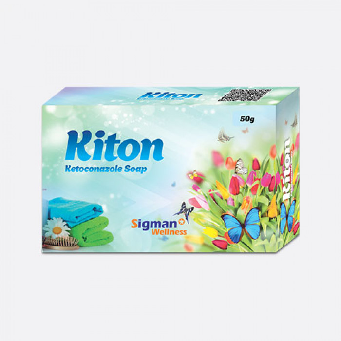 Kiton soap box with colorful flowers, butterflies, and a green landscape design.