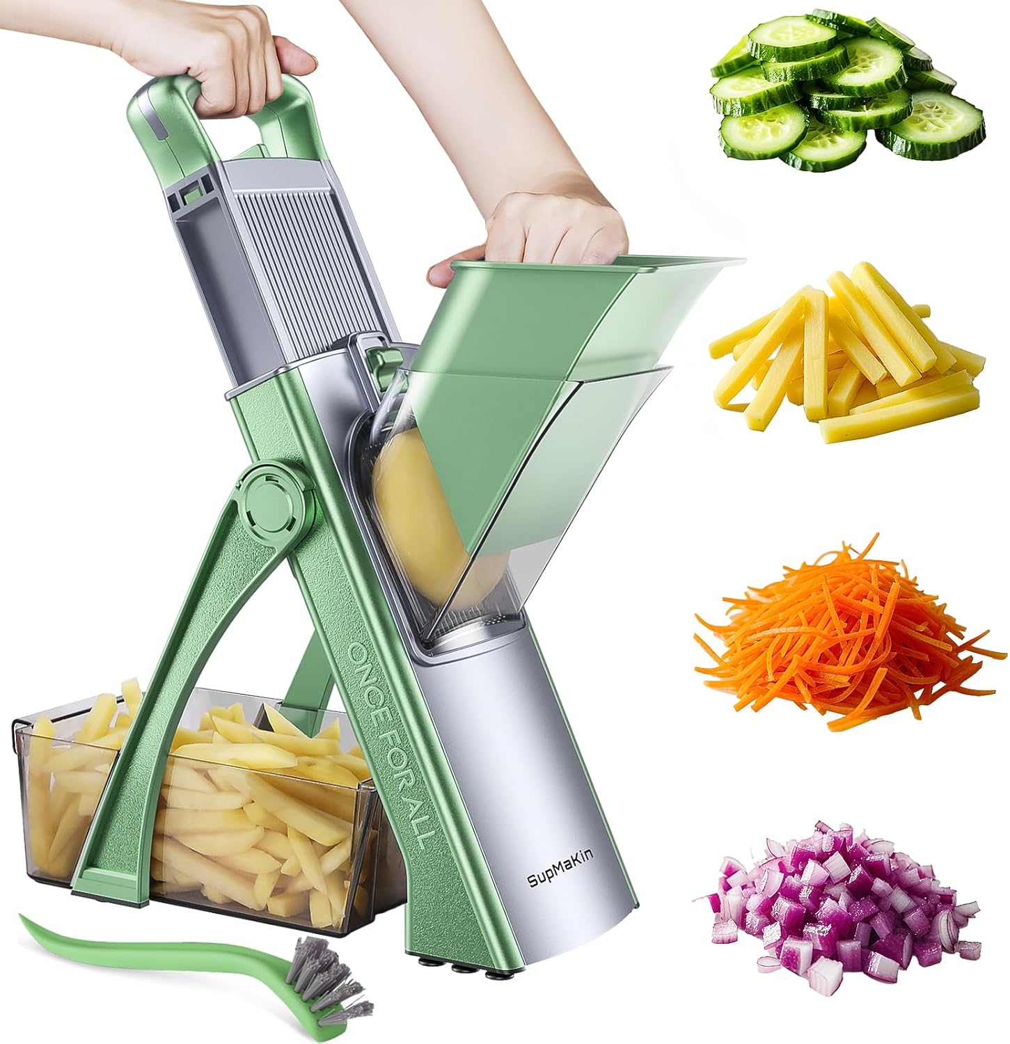 Green vegetable slicer with hand-operated handle and chopped veggies in various shapes nearby.