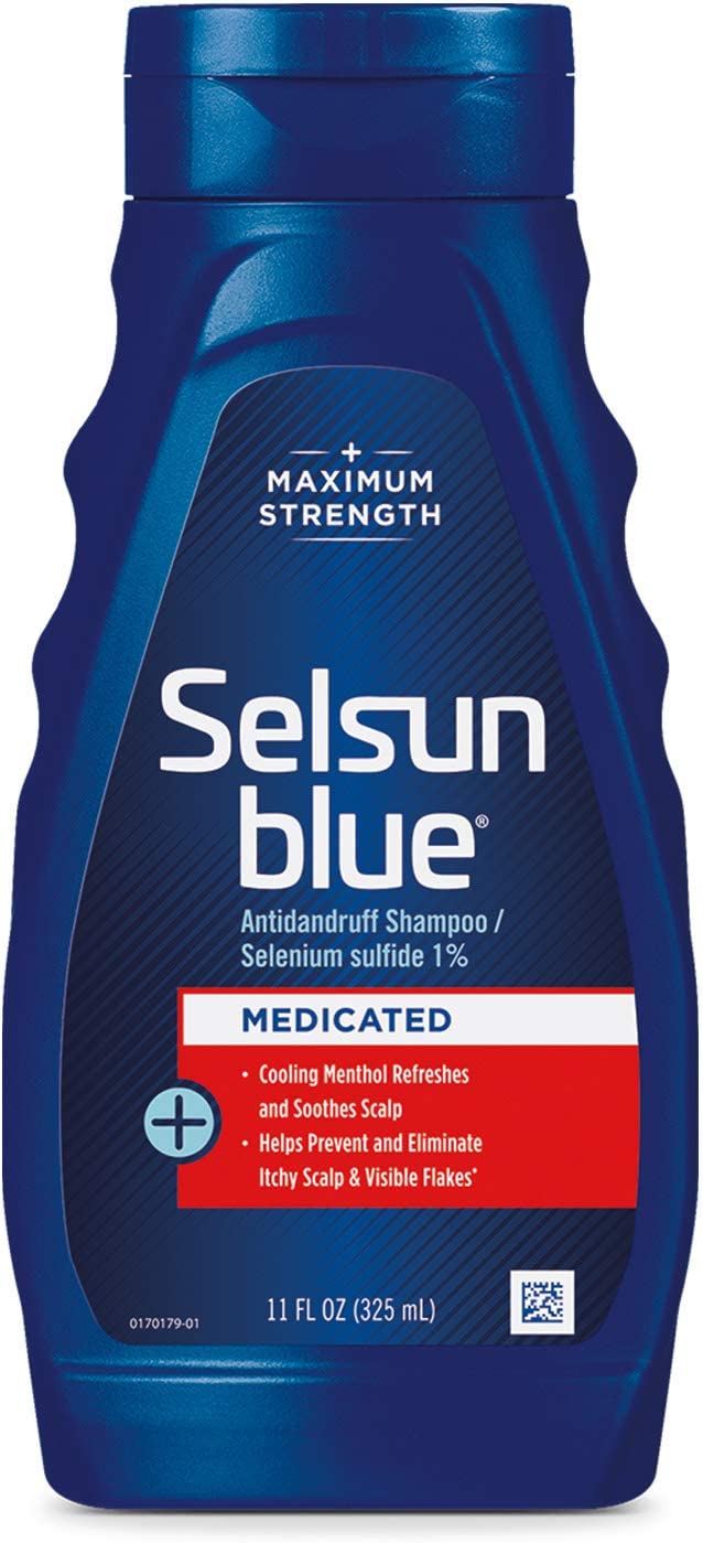 Selsun Blue medicated shampoo bottle with blue and red label