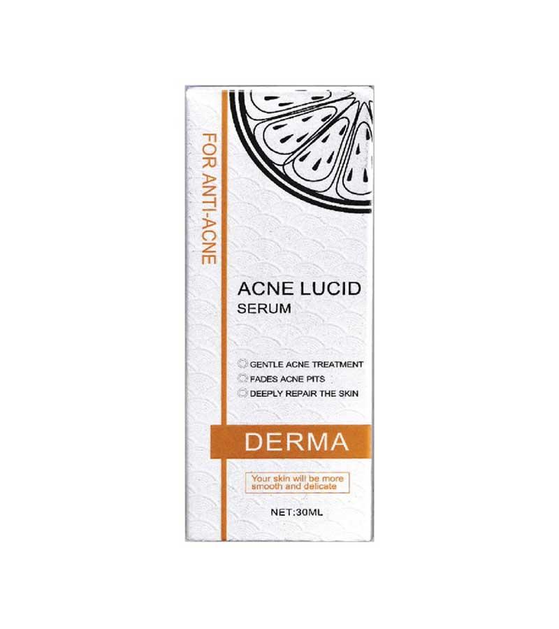 Derma Acne Lucid Serum product packaging with orange and black design elements.