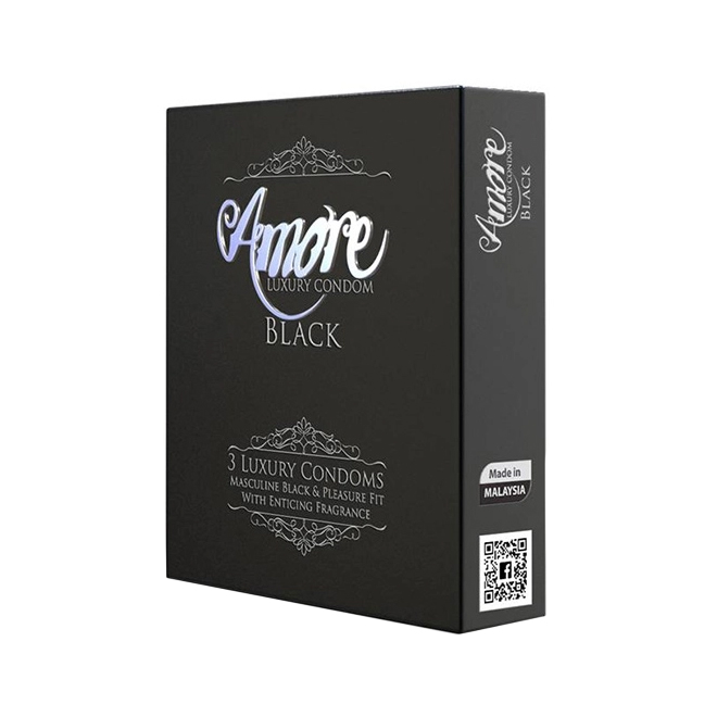 Black Amore condom box with silver and white lettering, shown at an angle.