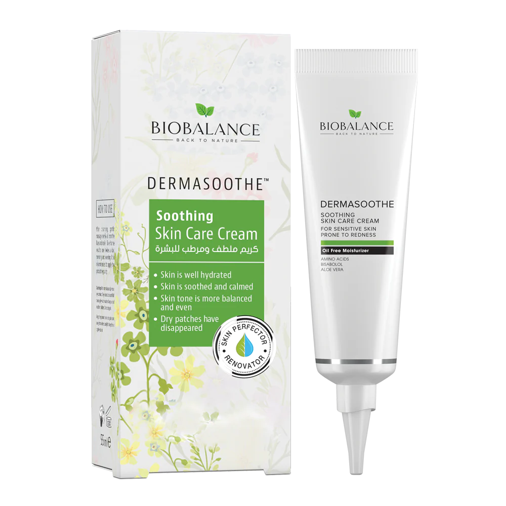 BioBalance Dermasoothe Soothing Skin Care Cream tube and packaging with floral design.