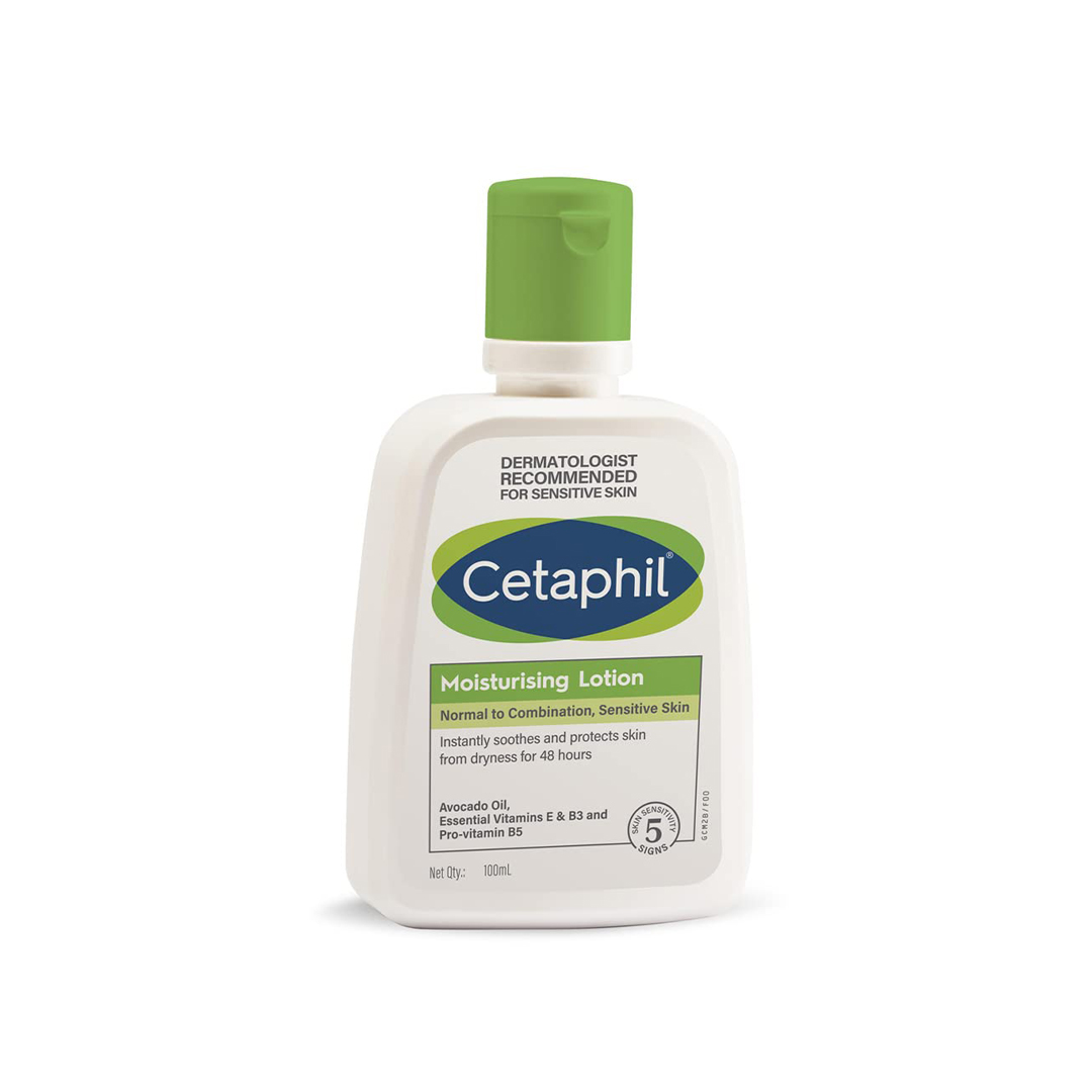 Cetaphil moisturizing lotion bottle with green cap on white background.