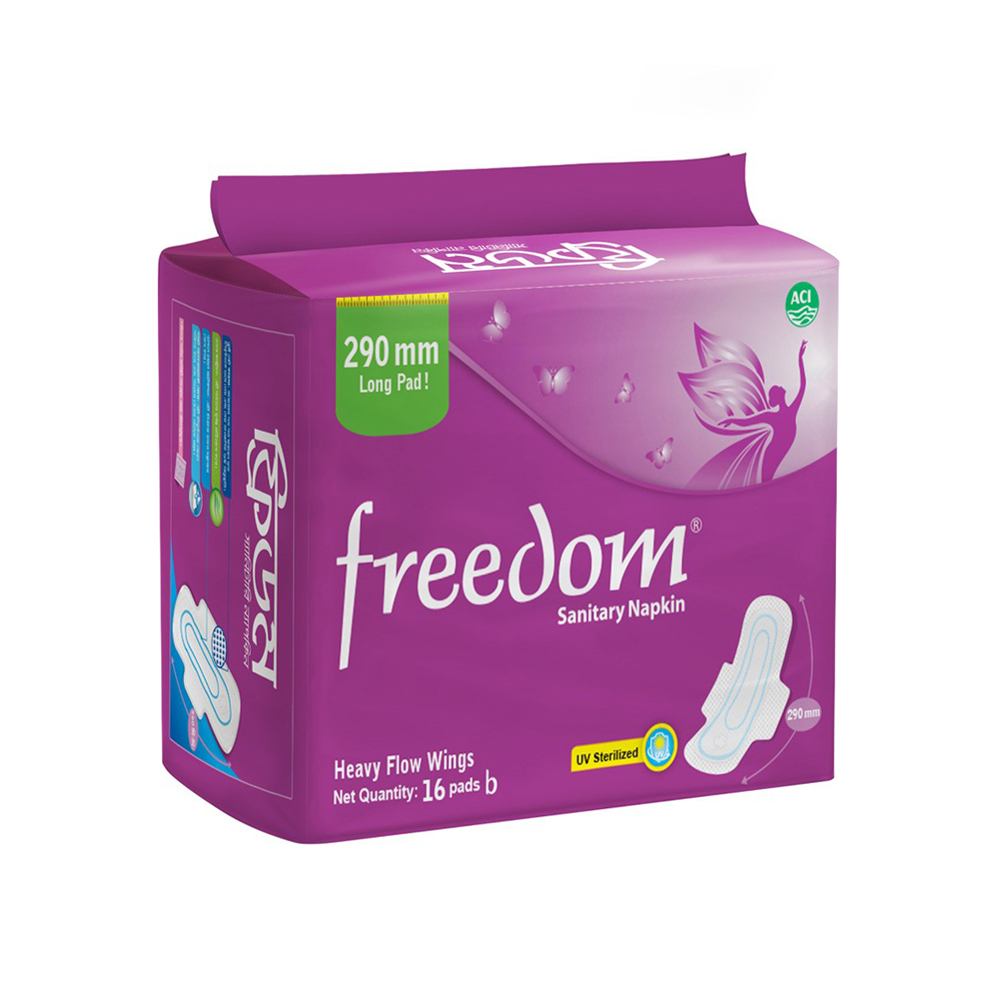 Purple package of Freedom sanitary napkins with an illustration of a sanitary pad and a fairy.