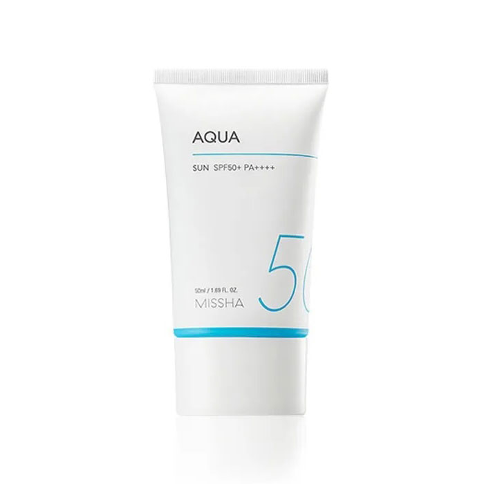 White tube of Aqua sunscreen SPF 50 with minimal blue and gray design.