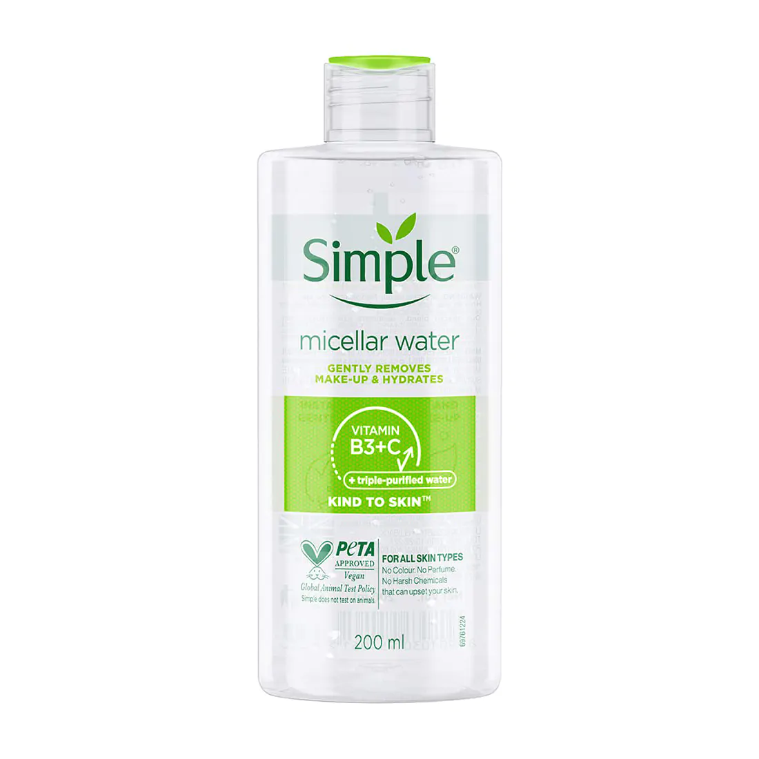 Simple micellar water bottle with green and white label on a white background.