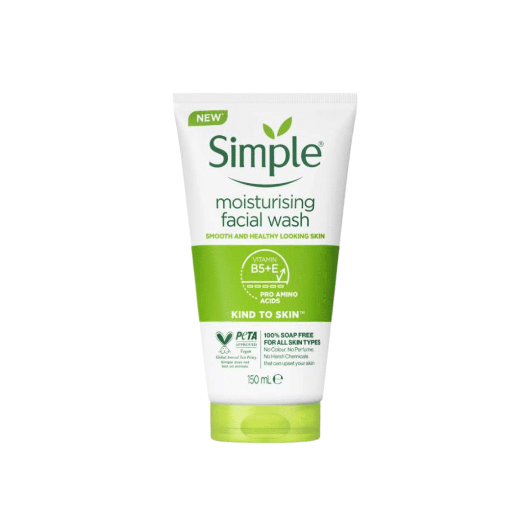 Simple moisturising facial wash in a white and green squeeze tube.
