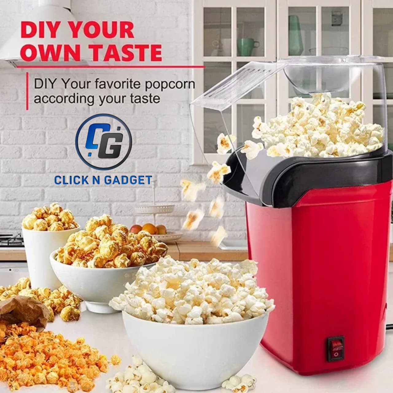 Red popcorn maker overflowing with popped corn, bowls of popcorn on a kitchen counter.