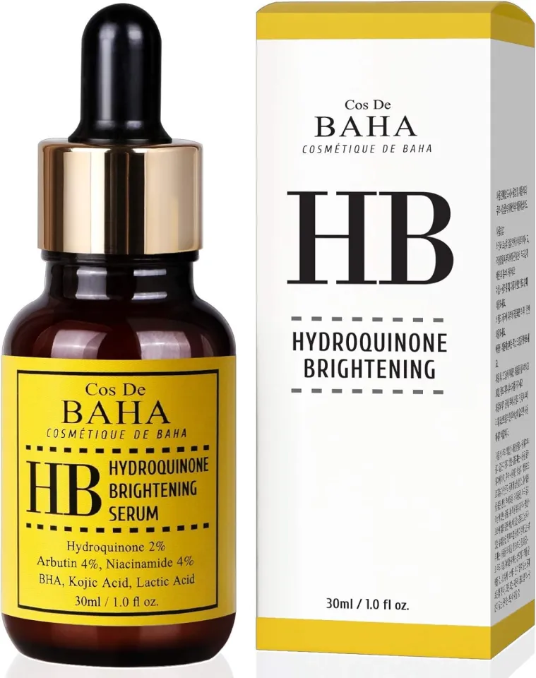 Cos De BAHA Hydroquinone Brightening Serum bottle with matching box packaging.