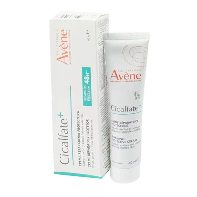 Avene Cicalfate+ Cream tube next to its white and teal box packaging.